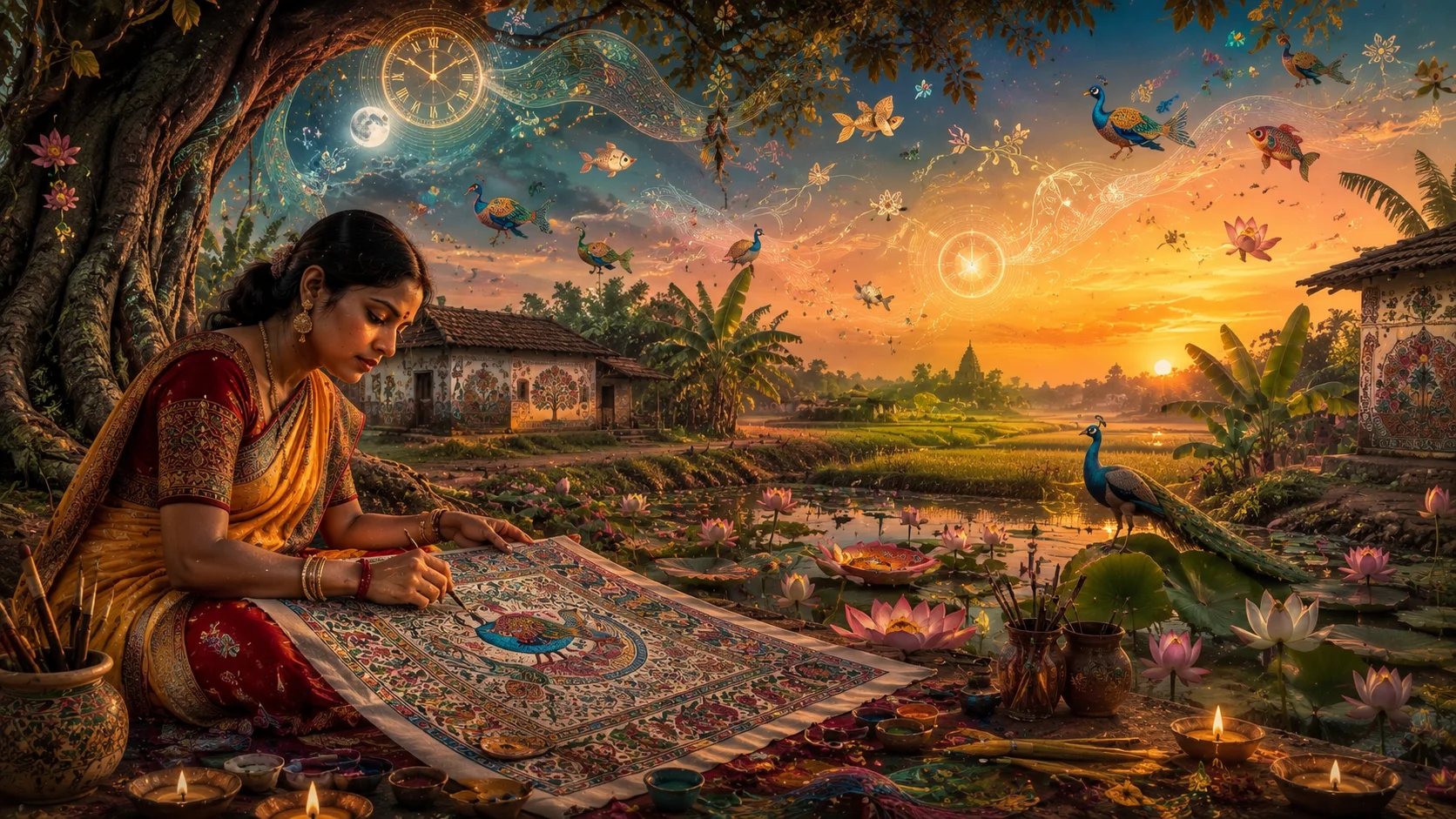Unveiling Ghari Pawan: Sacred Time & Nature in Madhubani Art