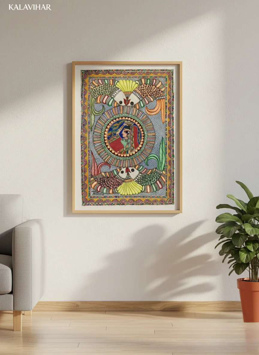Premium Madhubani Wall Art: The Two Fish | Nayika Motif (17x24 in) | Framed Bharni Style