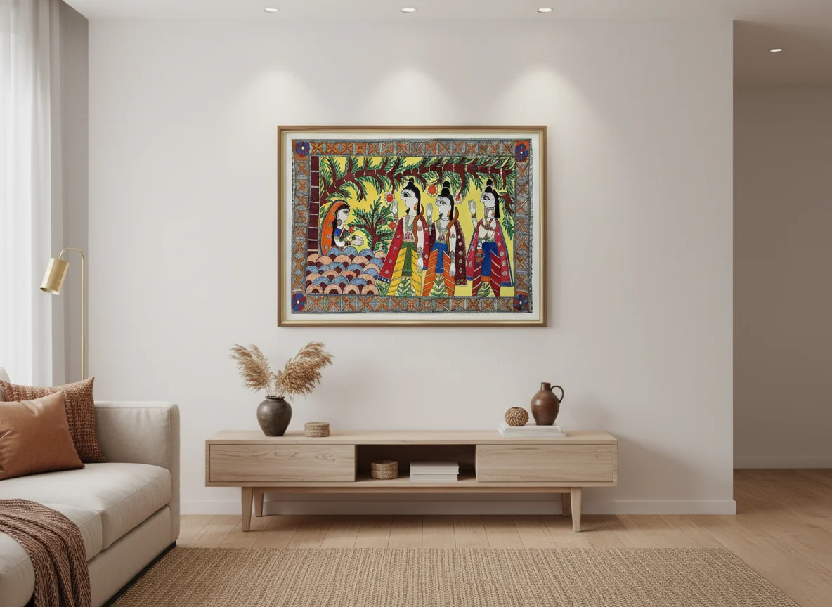 Sita & Sakhis Under the Tree | Hand-Painted Madhubani Art (15x22 in)