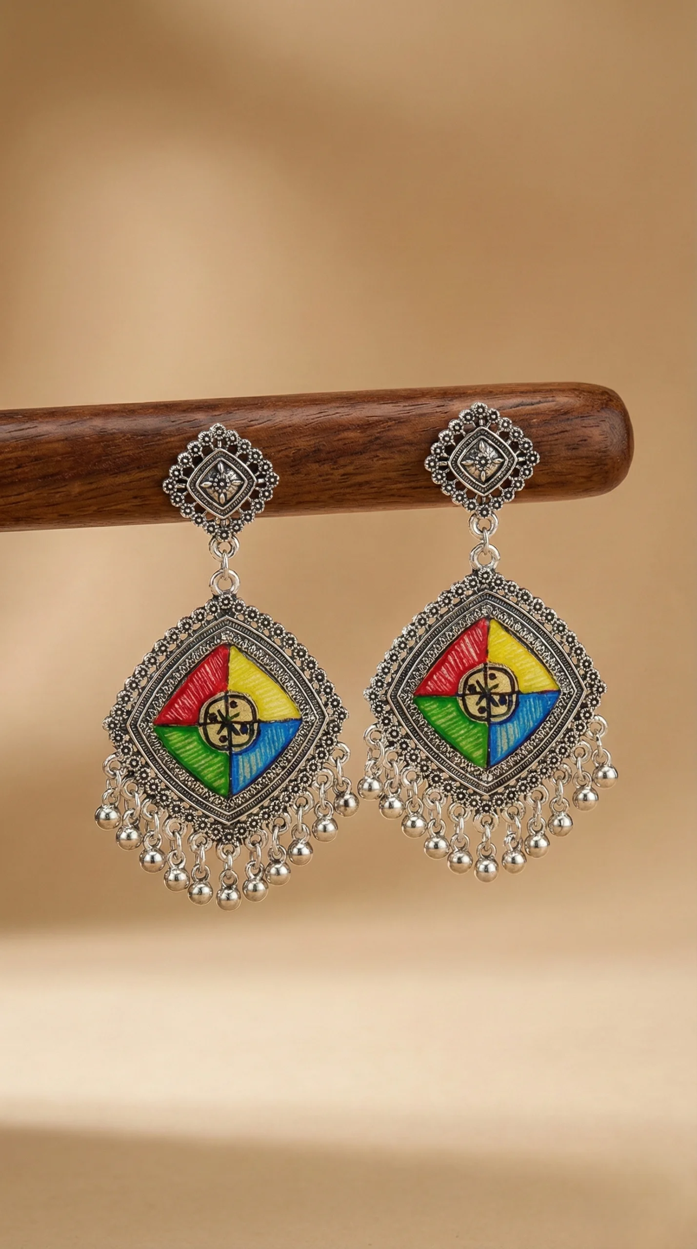 Hand-Painted Multicolor Geometric Madhubani Earrings | Vibrant Mithila Studs