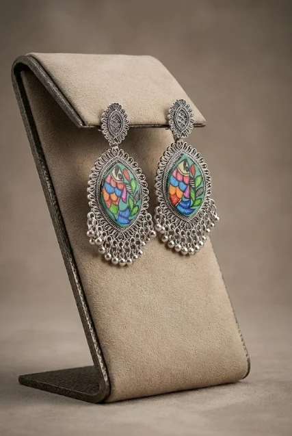 Hand-Painted Matsya (Fish) Madhubani Earrings | Traditional Mithila Silver-Style Studs