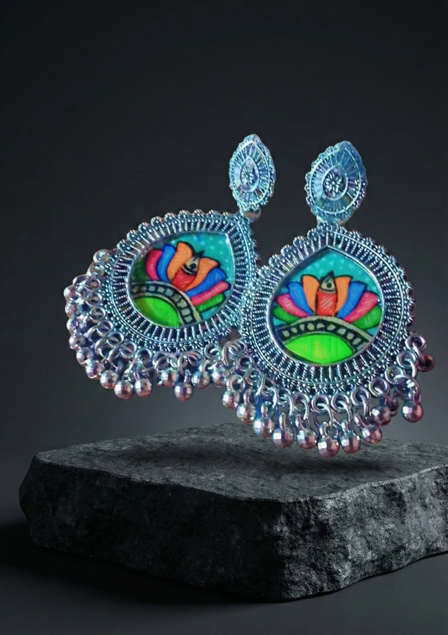 Hand-Painted Lotus (Kamal) Madhubani Earrings | Divine Mithila Floral Studs