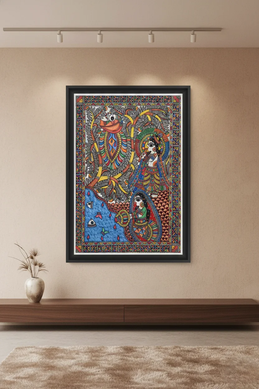 Hand-Painted Radha-Krishna Madhubani Art | Classic Mithila Masterpiece - 20 * 24 inch